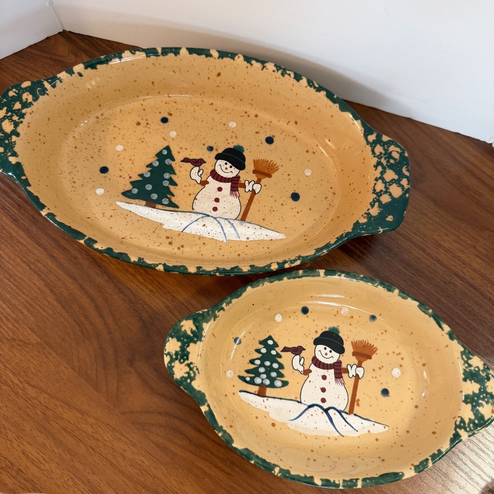 LTD Commodities Snowman Ceramic Baking Dish Set 2pc Oval Stoneware Holiday Decor